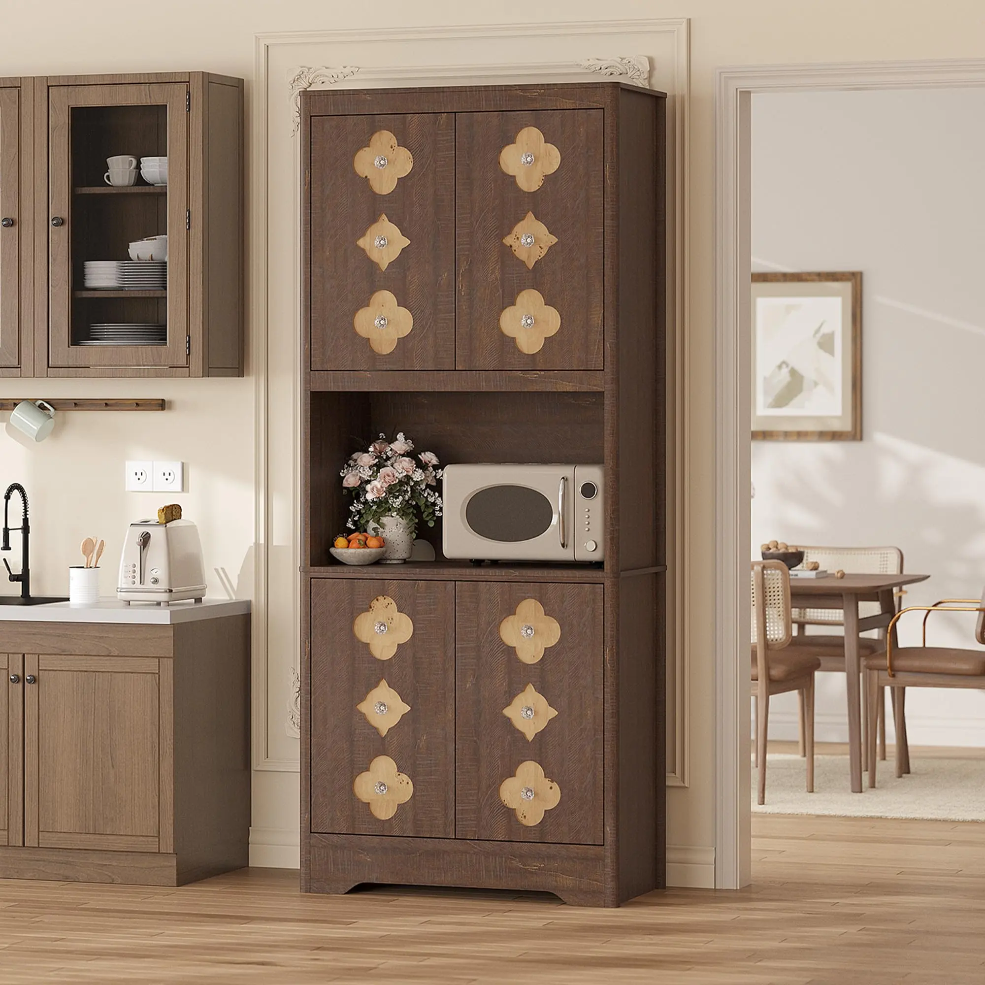 72" Tall Pantry Cabinet with Microwave Countertop, Freestanding Kitchen Hutch Storage Cabinet with Floral-Carved Doors and Crystal Handles for Dining Room and Living Room
