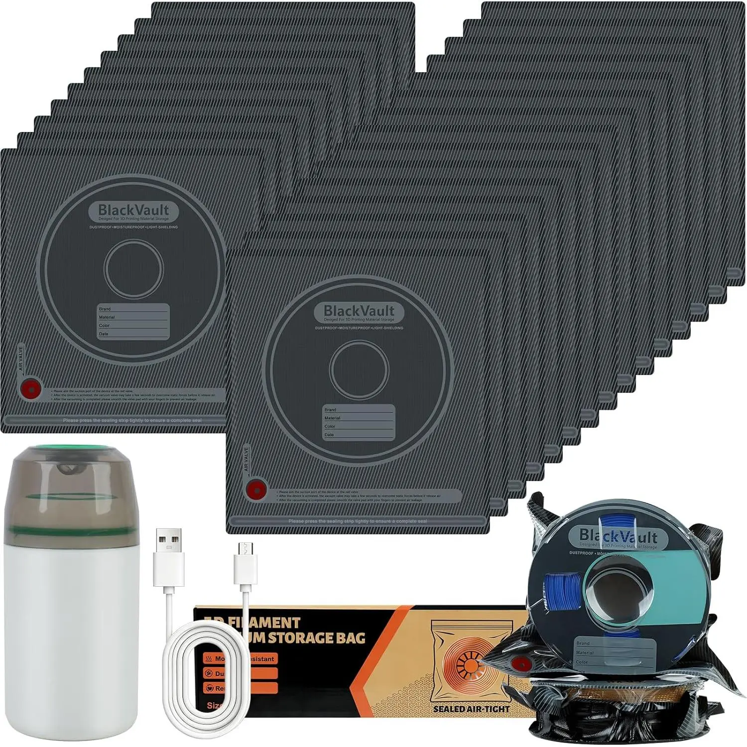 25  Filament Vacuum Storage Bags Kit with 5 Sealing Clip and 1Pump PA/DP/PC/PLA/ABS/TPU/ASA/PETG Lightproof  Humidity Resistant  Vacuum Storage Seal Bag(12.6" X 13.4")