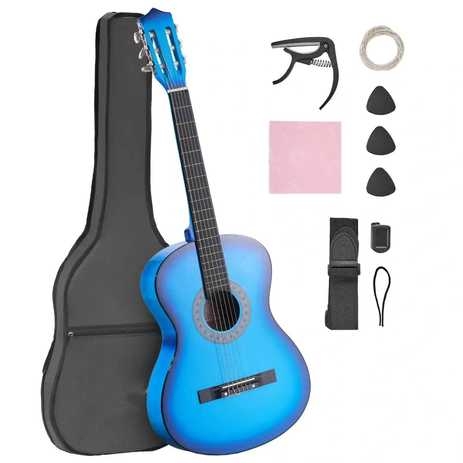 30-Inch Basswood Classical Guitar Starter Kit for Beginners - Nylon Strings, Gig Bag, Strap, Tuner, Extra Strings, Picks, Capo, Blue (Ideal for Kids Students)