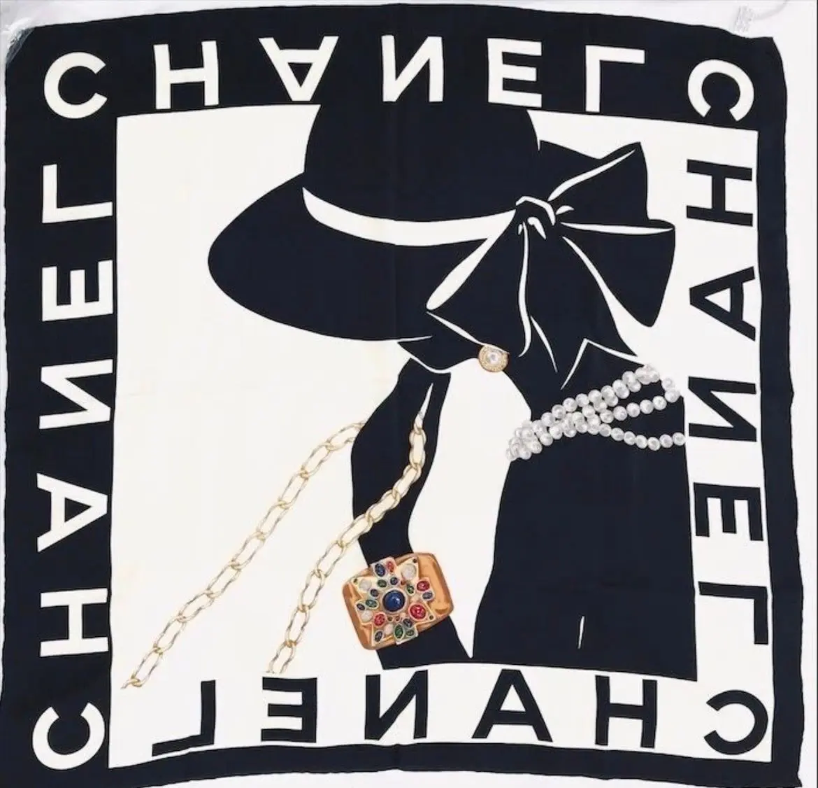 Pre-owned Silk Scarf CHANEL Large Mademoiselle Black White 34"x33" #228
