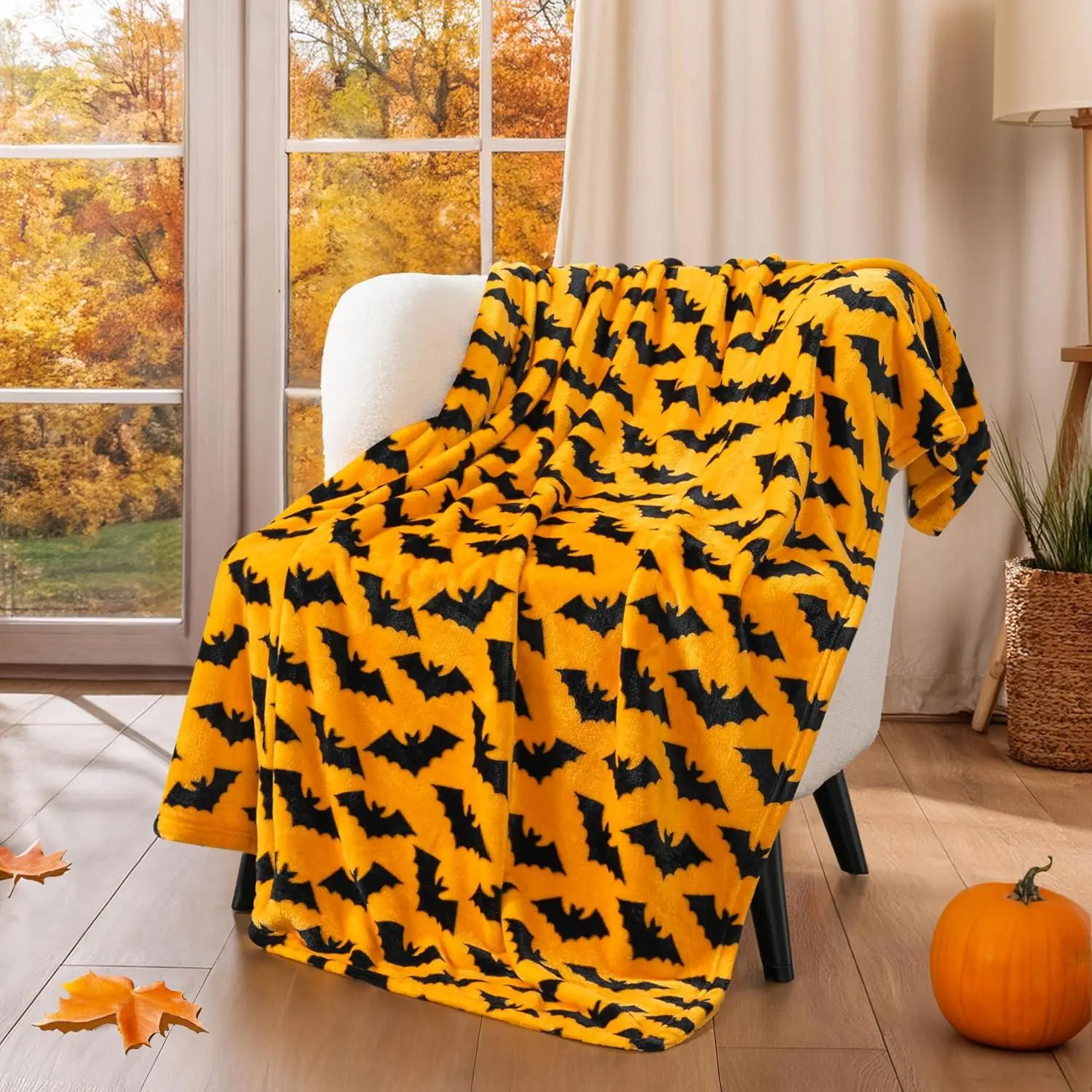 Halloween Fleece Blanket | Bat Fall Halloween Fleece Blanket | Soft, Warm Black Fall Cabin Throw