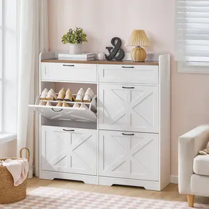 HOOBRO Farmhouse Shoe Storage with Flip-Down Drawers, Entryway Shoe Cabinet with Hidden Compartments and Fenced Top, Adjustable Shelves and Metal Handles, Holds 20 Pairs, for Hallway, Entrance, White and Walnut