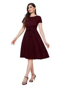 Elegant Wine Short Sleeve Ruffled Dress, French Style Waist Cinching Slimming, Formal Wear, Perfect for Commuting and Parties