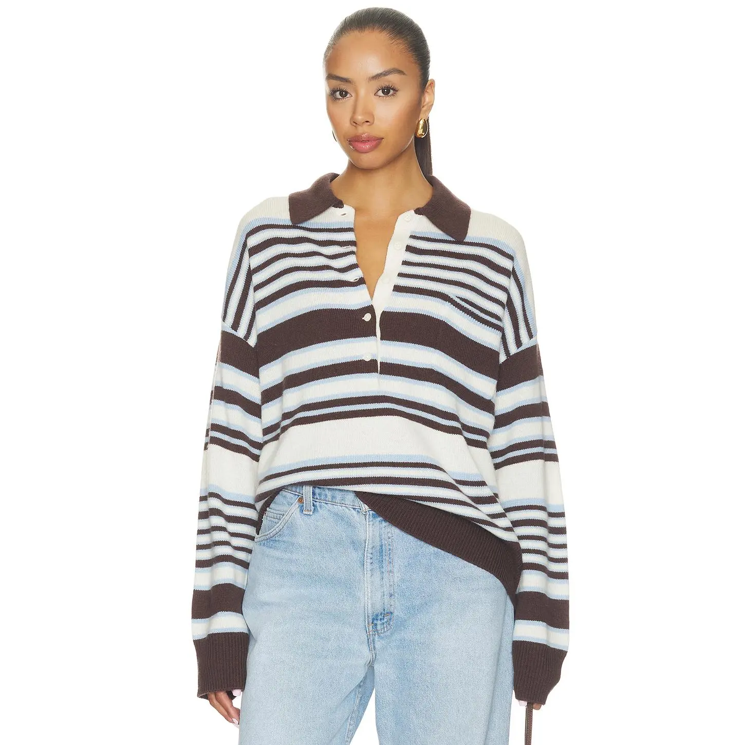 Good American The Oversized Rugby Sweater in Mocha Stripe