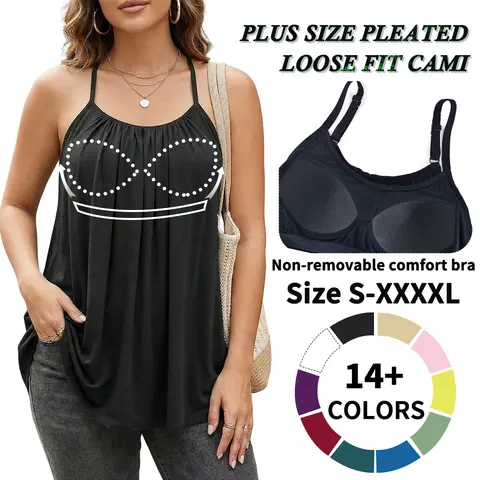 Women Built-in Bra Camisole A-Type Solid Pleated Flowy Spaghetti Strap  Summer Loose Fit Tank Top with Padded Shelf Bra, Lightweight, Expandable, Plus Size S-4XL, for Party/Retro Occasions (Women's Tanks & Camis)