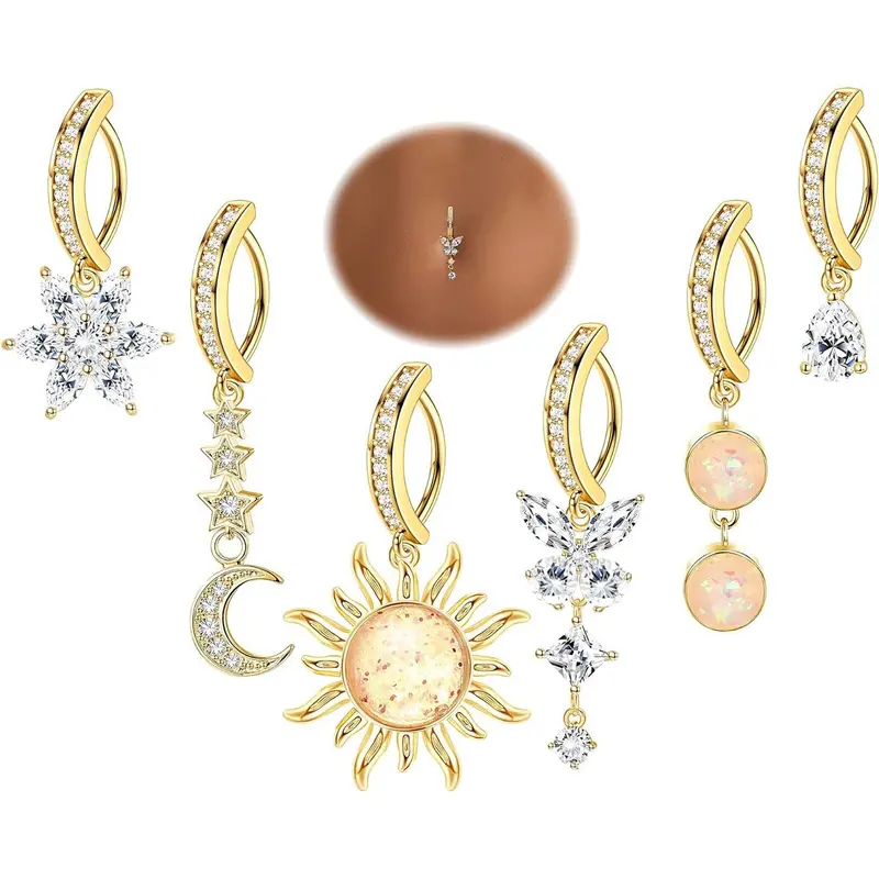 Women's Elegant Rhinestone Decorated Belly Ring, Exquisite Trendy Flowers Butterfly Design Belly Button Rings, Belly Hoops, Navel Piercing Jewelry, Fashionable Body Piercing Jewelry, Body Jewellery for Women & Girls