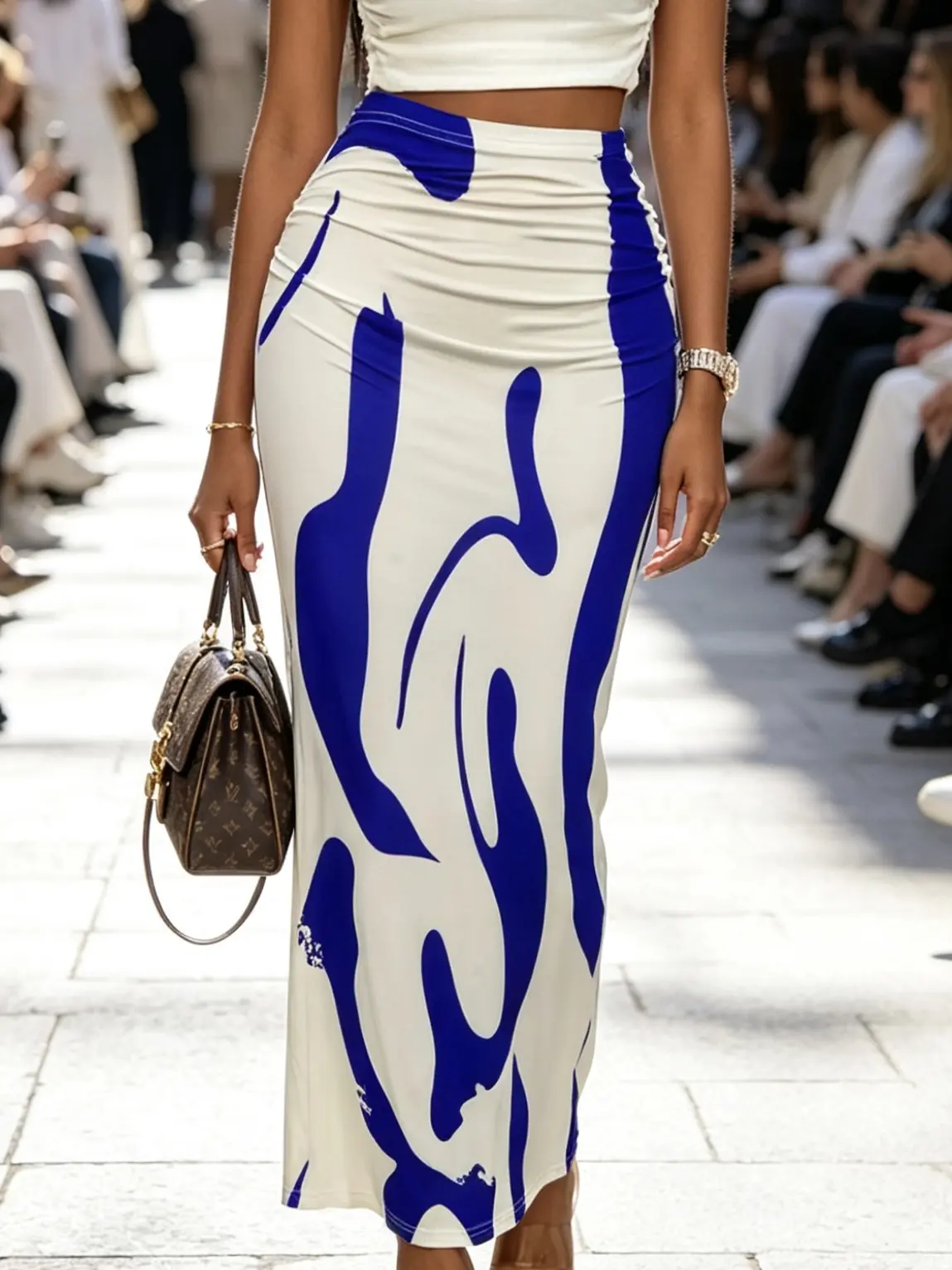 Women High Waist Abstract Print Midi Skirt Bodycon Mermaid Pencil Long Skirt