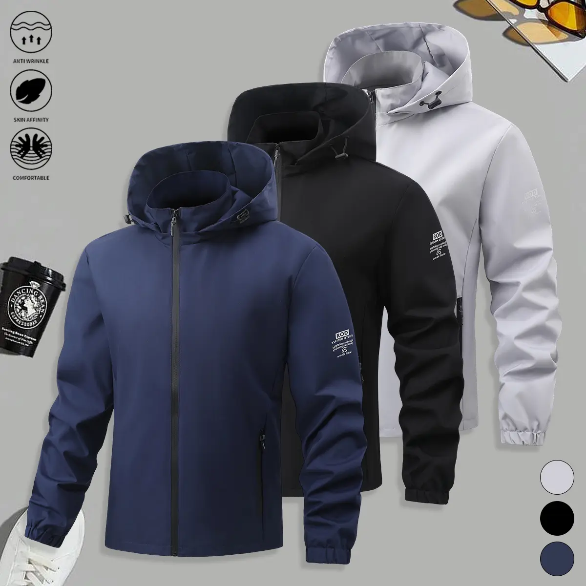Men’s casual hooded jacket, solid color, suitable for outdoor sports, fitness, running, hiking, and everyday wear; men’s outerwear, men’s jackets, menswear