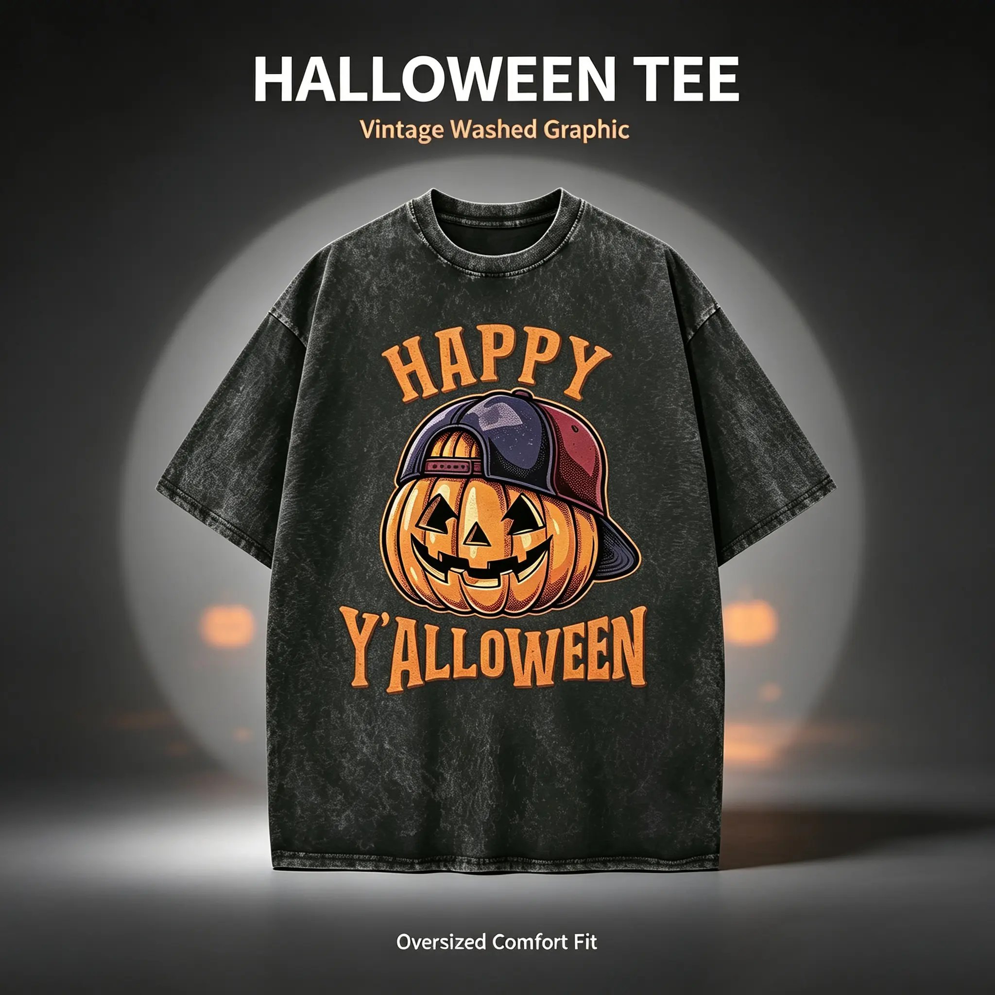 Men's Vintage Acid Washed Oversized Fit Round Neck Soft Short-Sleeve Tee - Festive Halloween Pumpkin Print Retro Casual Streetwear Tshirt