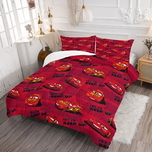 Red Lightning McQueen Comforter Set,Includes 1 Comforter and 1-2 Pillowcases,Vibrant Kids Cartoon Bedding Set,Bold Red Racing Car Design,Viral-Worthy Bedding Set for Kids' Bedroom,Dorm & Guest Room Decor