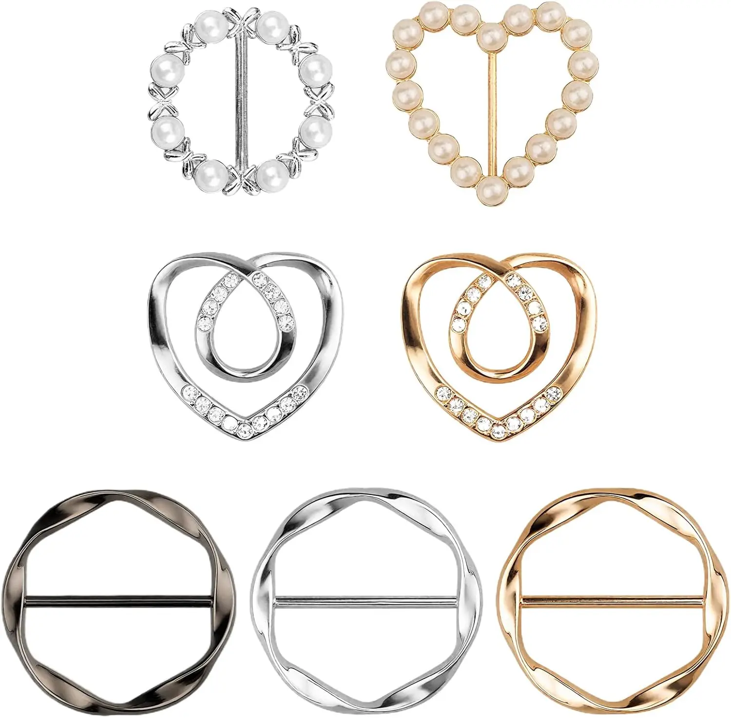 7PCS Premium Scarf Ring Clip, Cute T-Shirt Clips for Women Clothing, 4 Different Sized Shirt Ties Clips Waist Cinch Clip Buckle for Women Clothing Accessories, Gold/Silver/Black