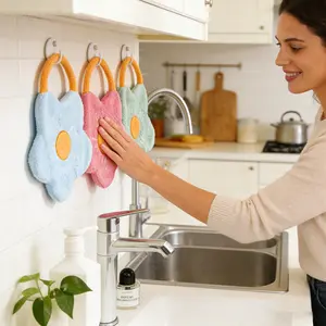 Cute Flower Hand Towel Coral Fleece Embroidered Towel Super Absorbent Soft Towel For Kids, Bathroom, Kitchen & Home Use Multi-Purpose Cleaning Cloth & Reusable & Durable Perfect Kawaii Home Decor & Cleaning Tool -RR