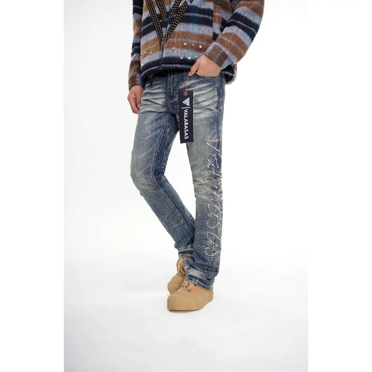 Men's Stacked Flare Jeans with Lattice Studs and Rhinestones, Slim Fit Dark Blue Vintage Washed Denim, Menswear, Pants, Slim Stack, Embellished Legs, Spot Clean, Mid Waist, Signature Elongated Valabasas Profile, Lattice Design, Slim-Fitting