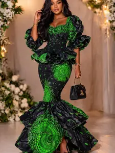 Women’s African Print Mermaid Maxi Dress – Black and Green Ankara Fitted Flare Dress