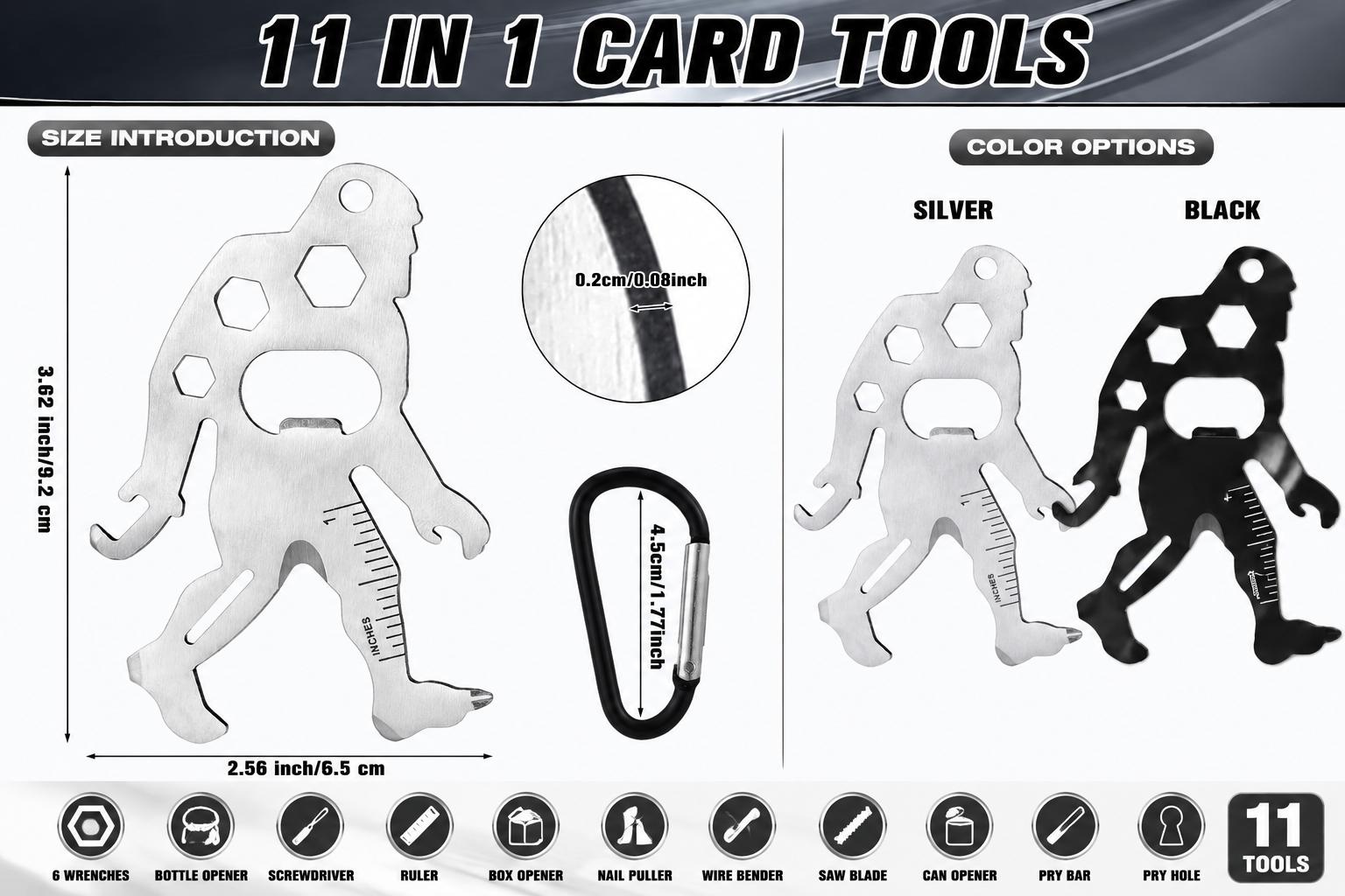 Viral Ape-Man 11-in-1 Multifunctional Tool Card Keychain 12PCS Stainless Steel Pocket Wrench Screwdriver Bottle Opener Measuring Ruler EDC Gadget for Camping Hiking Travel Father’s Day Gifts for Men