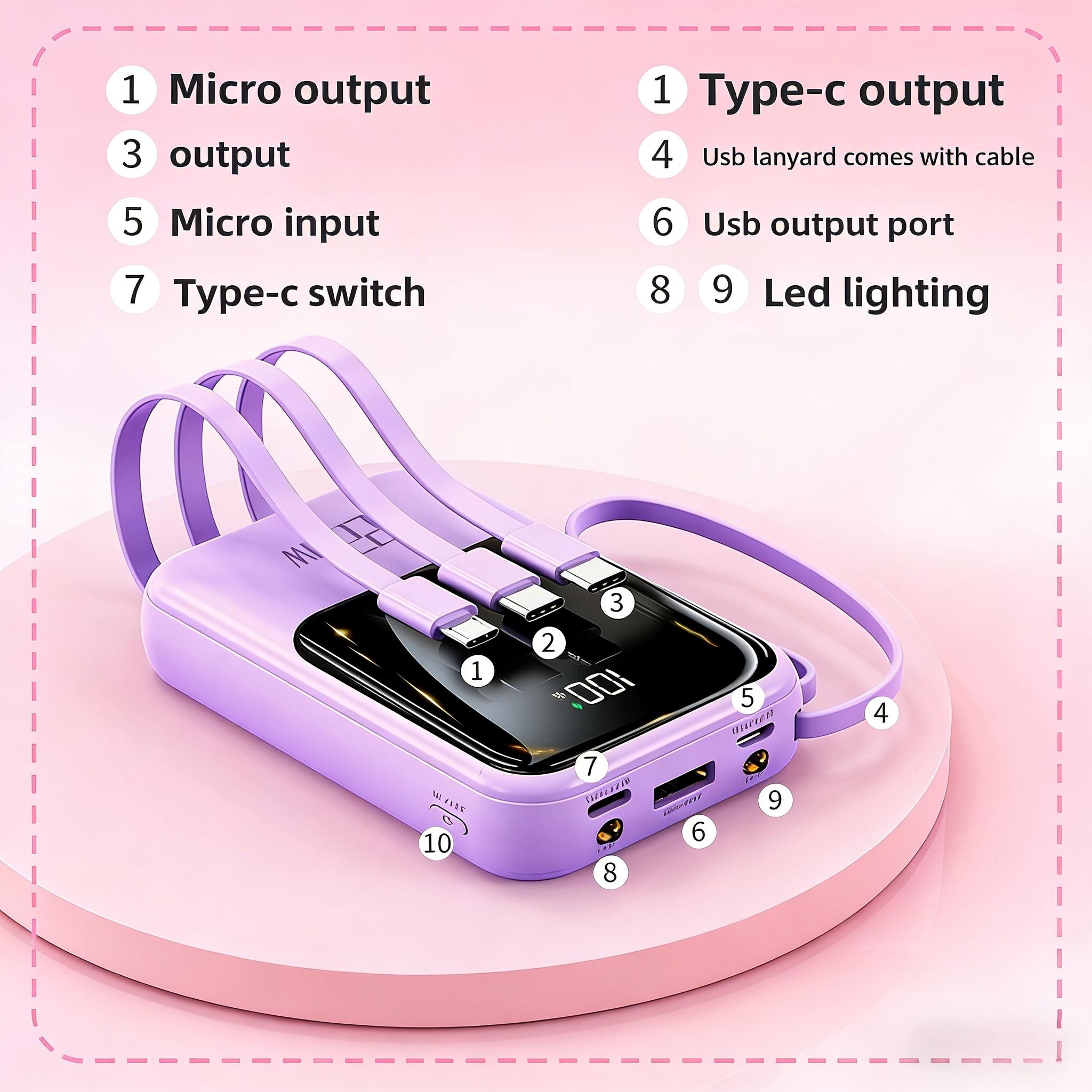 22.5W/PD20W Fast Charge Portable Power Bank with 4 Built-in Cables, LED Digital Display, 4 Output 3 Input, Compact USB-C Charger for iPhone & Android
