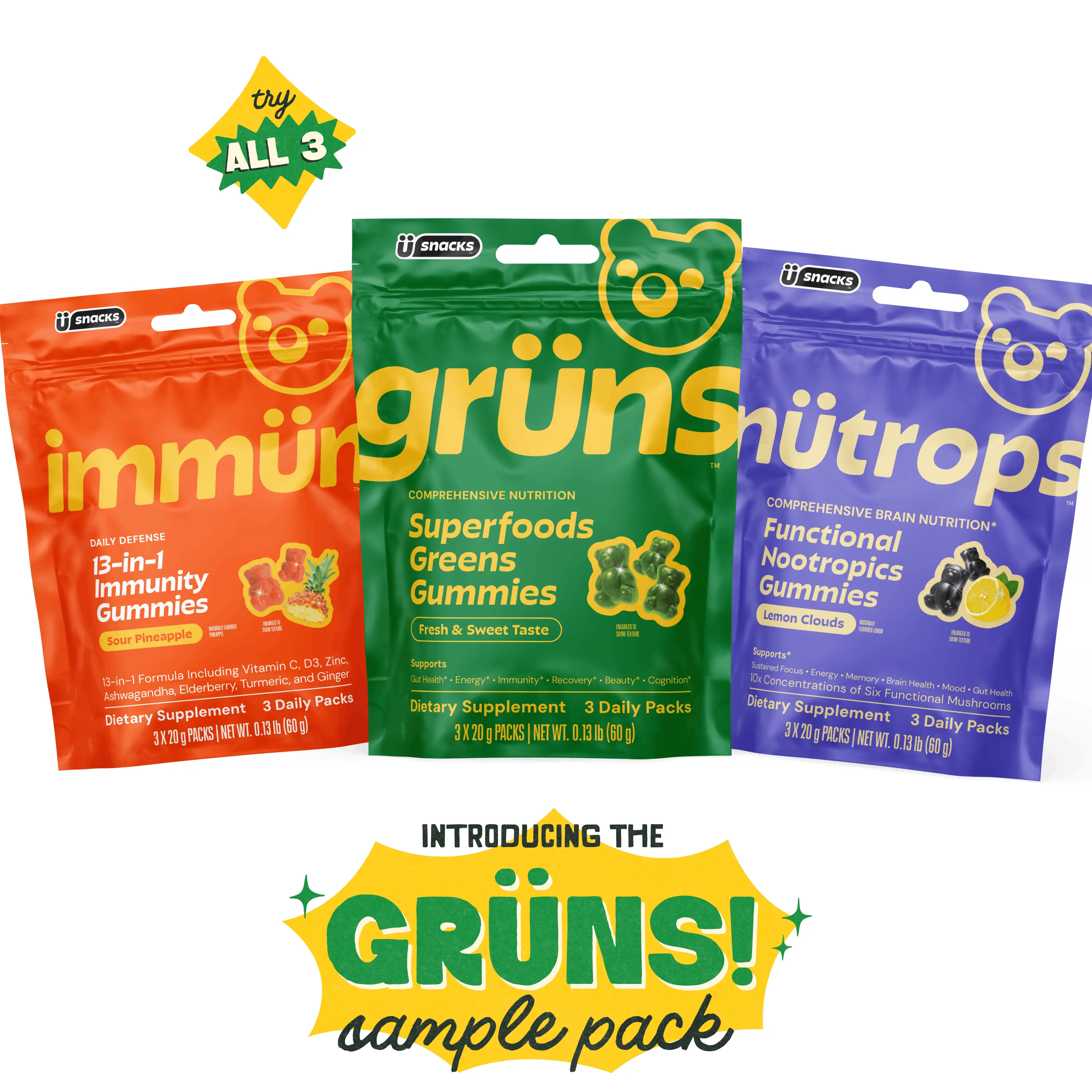 Ü Snacks Sampler Pack (9 Day Supply): Grüns Superfood Greens + Immün Immunity + Nütrops Mushroom Gummies, 3 Packs Each, 60+ Ingredients, 13 Immune Ingredients, 6 Mushroom Extracts, Gluten Free, Vegan, Third Party Tested