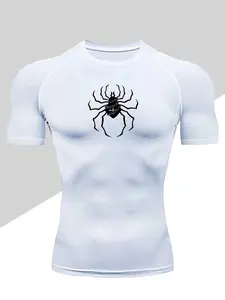 Men's Dragon Print Compression T-Shirt, Quick-Dry Breathable Stretch Fabric, Tight-Fitting Short Sleeve Top for Fitness and Outdoor Activities, Workout Rash Guard