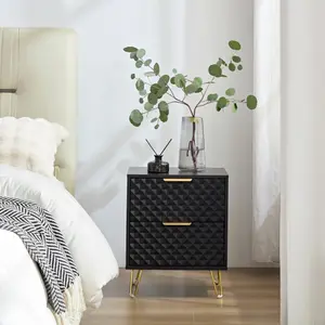 Bedside Storage Cabinet, Luxury Carved Board 2 Drawer Nightstand with Metal Legs, 20 Inch High Wooden Black Nightstand for Bedroom, Living Room, Lounge (1 Pack)