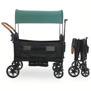 2 Seater Wagon Stroller, Luxury Foldable Kids Utility Wagon with Double Adjustable Push Bars & Removable Canopy, Heavy Duty Collapsible Wagon Cart for Beach, Camping & Park