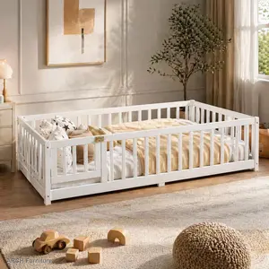 Toddler Safe Sleep Bed - Pine Wood Twin Size Floorbed with Safety Rails and Door, 77.5x40.7in, White (Old SKU:W1580P154619), Toddler Bed