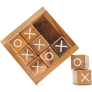 XOXO Triplets Block Wooden Tic Tac Toe Game for Kids and Adults - Rustic Table & Desk Decor, 3.7 Inch, Perfect Gift for Any Occasion