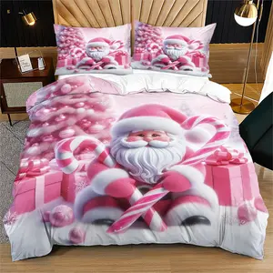 2/3-Piece Bedding Set, Pink Santa Claus High-Definition Pattern Duvet Cover, Zipper Closure, Soft & Breathable Fabric, Easy-Care Bedding, Suitable for Bedroom Decoration, Perfect Holiday Gift.