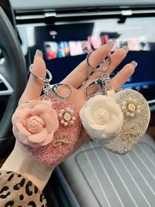 New Luxury Mirror Keychain Camellia Large Hanging Piece Portable Makeup Mirror High Aesthetic Handheld Touch-Up Mirror Gift Bag Phone Multi-Function Holder