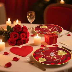 90-piece Valentine's Day theme party decoration set, heart-shaped paper plates, cups and napkins, disposable tableware, wedding banquet atmosphere setting decoration supplies set, suitable for birthday parties and gatherings