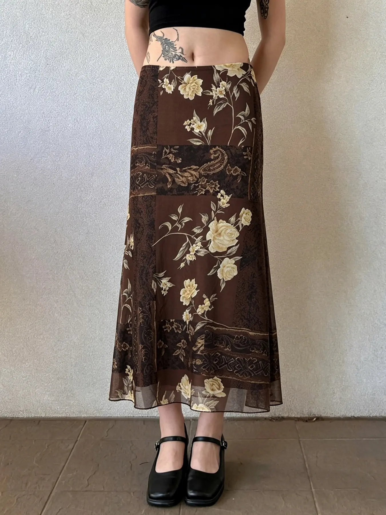 Vintage Mesh Midi Skirt, Y2K Low Waist Summer Grunge Boho Style, Slim-Fitting Plaid Pattern, Women's Vacation Skirt, Casual Skirt, Floral Printed Skirt