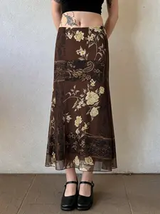 Vintage Floral Print Mesh Midi Skirt, Y2K Low Waist Summer Grunge Boho Style, Slim-Fitting Plaid Pattern, Women's Vacation Skirt