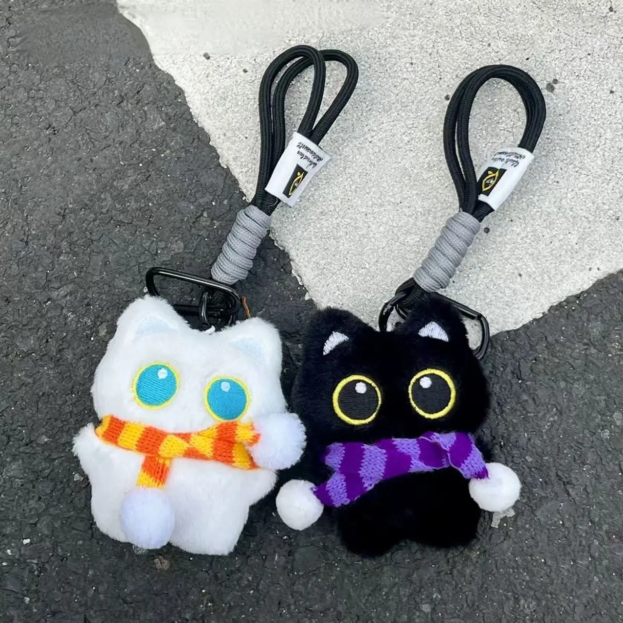 Polyester 2-Piece Cute Black & White Cat Keychain Set with Scarves - Bag Charms, Car Decorations, Birthday Gifts