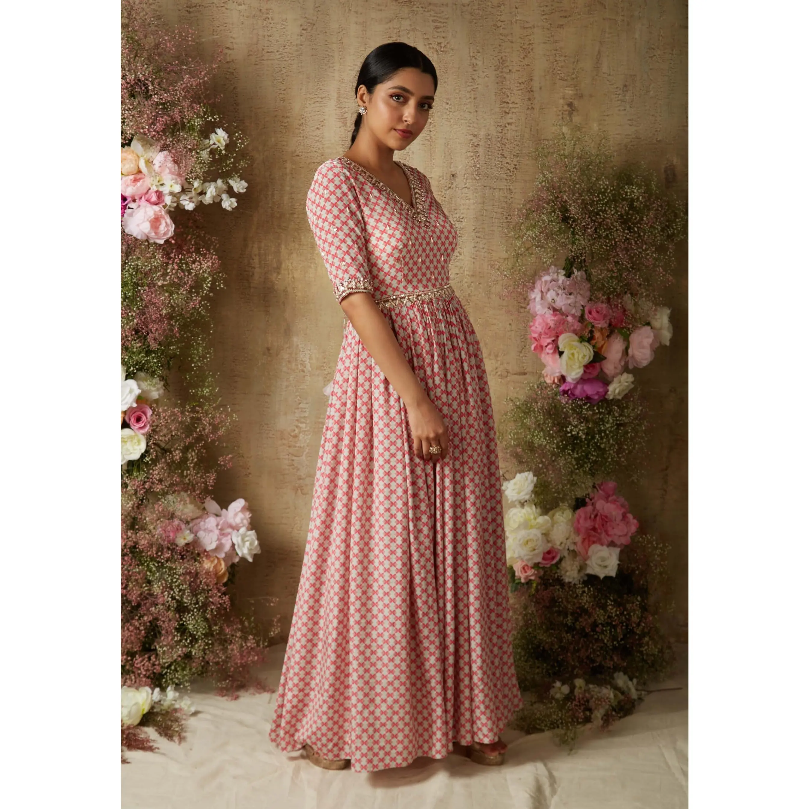 Pop pink printed anarkali
