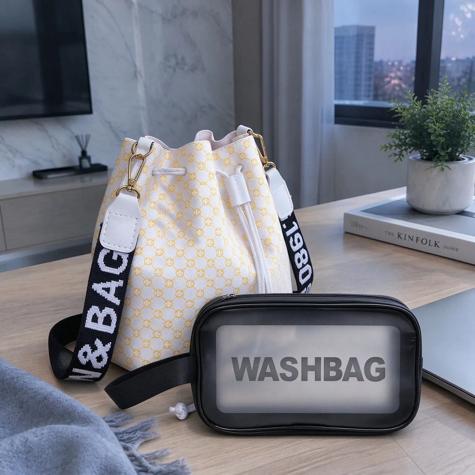 Women’s 2-Piece Bucket Crossbody Bag Set - Vintage Monogram Drawstring Bucket Purse with Wide Strap, Clear Cosmetic Washbag, Large-Capacity Shoulder Handbag for Daily Travel, Work