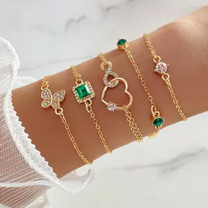 Trendy Gold CZ Charm Bracelet Set for Women, 4Pcs Dainty Butterfly Heart Emerald Bracelets, Y2K Aesthetic Jewelry Gift