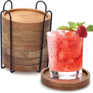 Rustic Wooden Coasters Set of 8 Farmhouse Coffee Table Decor Acacia  Drink Coaster with Holder Modern Outdoor Bar Cool Cup Costers Kitchen Accessories Decoration Home Dining Coasters