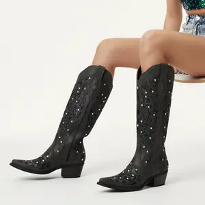 REDTOP Black Cowgirl Boots with Rhinestone Embellishments Elegant Design for Special Occasions & Everyday Glamour Premium Suede Intricate Embroidery Cushioned Insole - Women'S Shoes