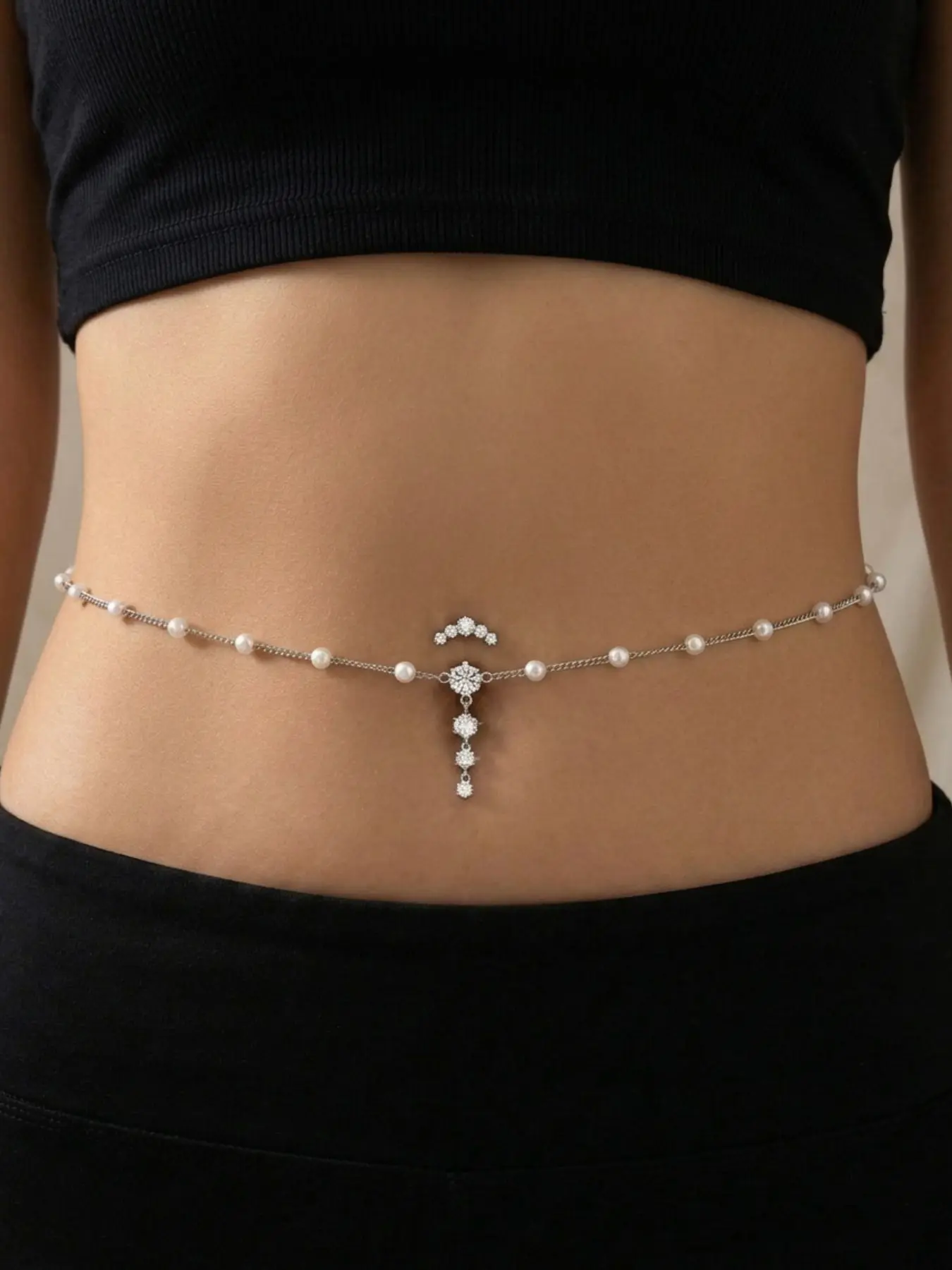 Pearl Waist Chain with Cubic Zirconia Belly Button Ring for Women Sexy Stomach Belly Chains Body Chain Dangle Navel Piercing Waist Jewelry Summer Beach Bikini Accessories Silver Gold Waist Beads