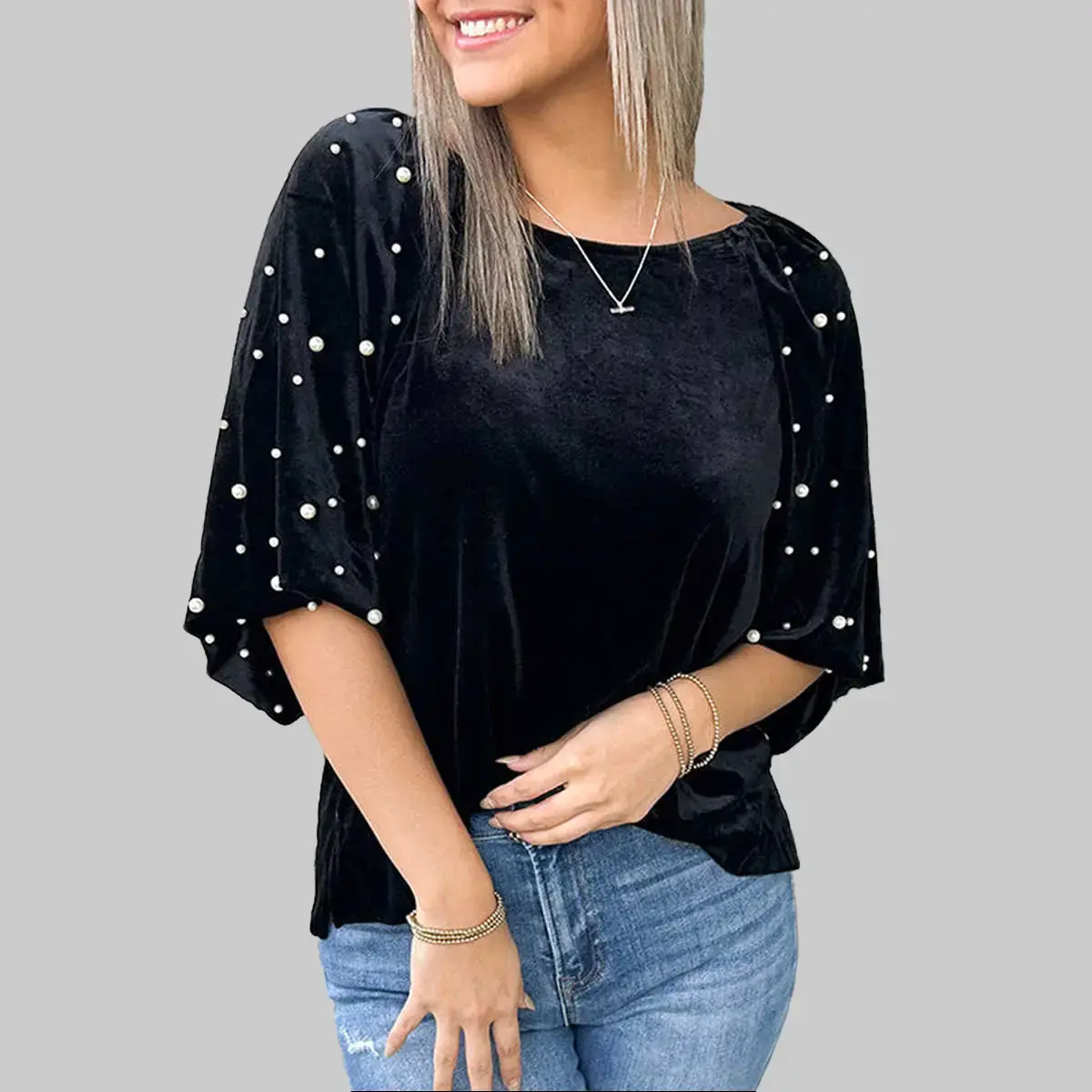 Dear-Lover Women's Pearl-Embellished Velvet Blouse, Elegant Puff-Sleeve Round Neck Loose Fit Top for Evening Going Out, Women's Lace-Trimmed Shirts