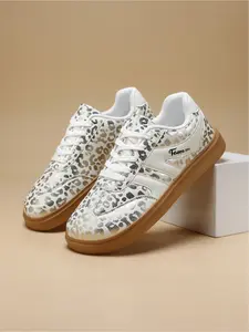 Women's White & Gold Leopard Print Retro Trainers, Comfortable Wide Toe Casual Shoes