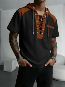Men's Tie-Back Hooded Fashion T-Shirt, Patchwork Design with Pockets, Upgrade Your Daily Style, Perfect for Summer Casual Wear