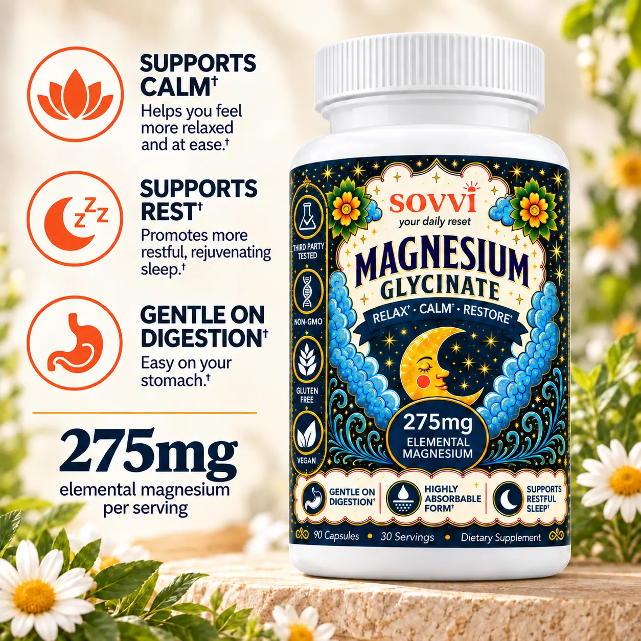 Magnesium Glycinate 275mg Elemental Magnesium, 90 Capsules, 30 Servings, Restful Sleep & Relaxation Support Essential Mineral for Health & Nutrition Wellness Support