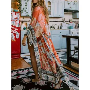 2025 Floral and Crane Pattern Cover-Up, Long Sleeve Loose Fit Beach Kimono Cardigan, Women's Swimwear and Clothing