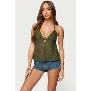 Sheer Crochet Babydoll Halter Top