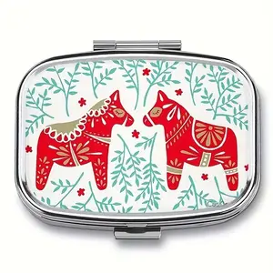 Swedish Dala Horse Metal Pill Box, Vitamin Organizer, Medical Organizer & Mint Floral Design, 2 Compartment Food Safe, Portable Travel Case, Unique Gift