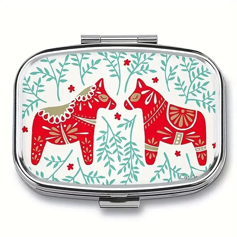 Swedish Dala Horse Metal Pill Box, Vitamin Organizer, Medical Organizer, Supplement Organizer & Mint Floral Design, 2 Compartment Food Safe, Portable Travel Case, Unique Gift