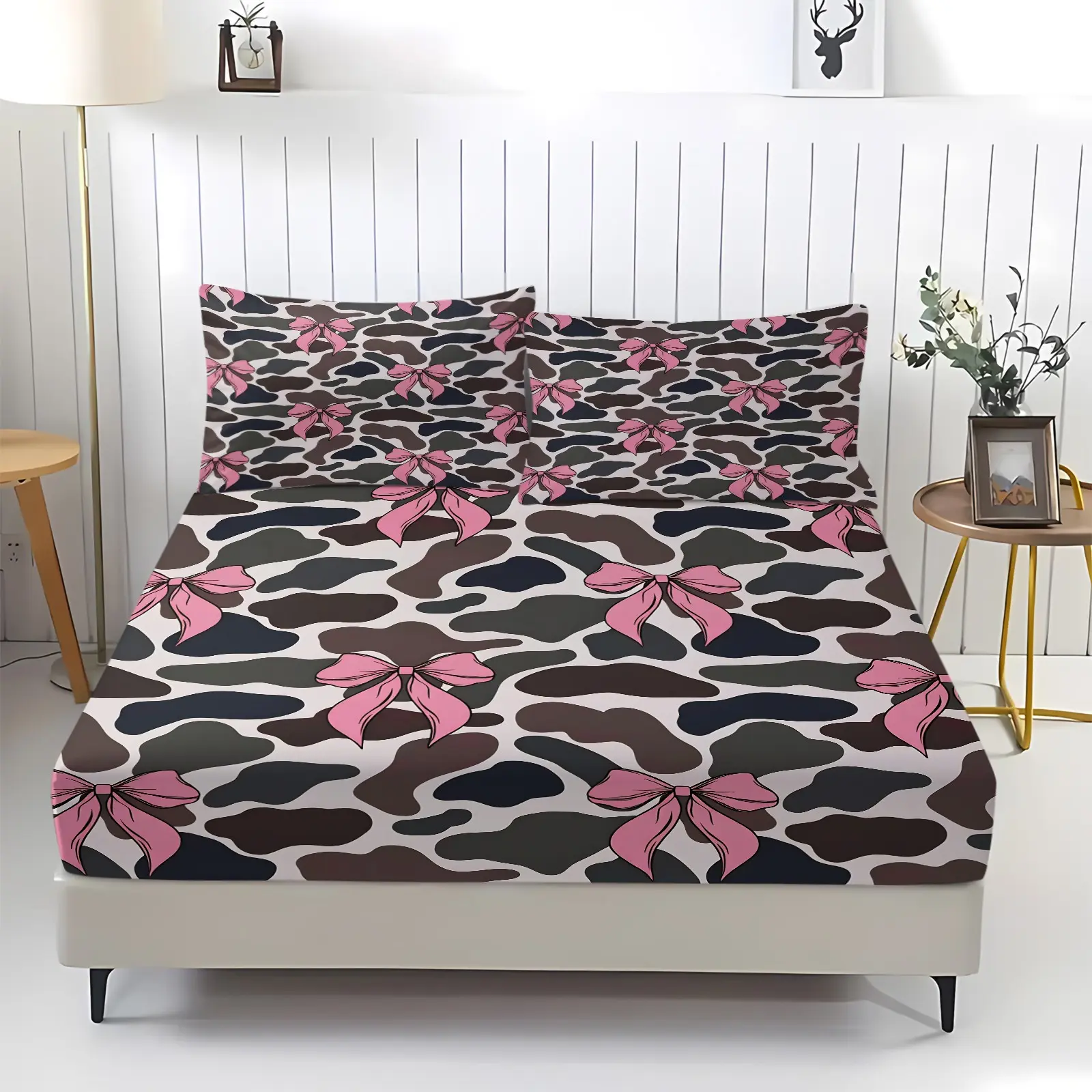 Vintage Camo Bowknot Bedding Set Fitted Sheet Set, Decorative Bedsheet Sets, Includes 1 Fitted Sheet and 2 Pillowcases, Soft Skin-Friendly Fabric, Perfect for Girls' Room