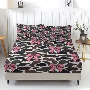 Vintage Camo Bowknot Bedding Set Fitted Sheet Set, Includes 1 Fitted Sheet and 2 Pillowcases, Soft Skin-Friendly Fabric, Perfect for Girls' Room