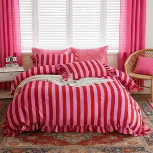 Romantic Striped Ruffle Bedding Set 3 Piece, Includes 1 Duvet Cover and 2 Pillowcases, No Inserts Soft Comfortable Bedding, Bedroom Bedding Set, Perfect Valentine's Day Gift