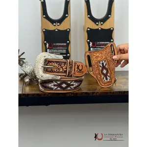 LA HERRADURA TAN WHITE HANDTOOLED 2 INCH BELT